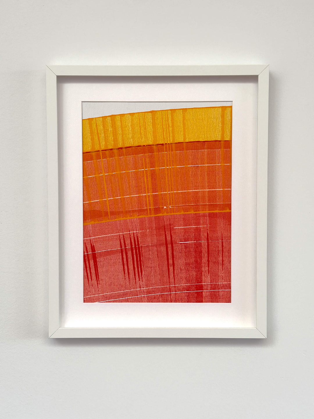 Connected Study 51 by Tavar Zawacki, left panel of an orange and red abstract acrylic diptych, shown in a white frame.