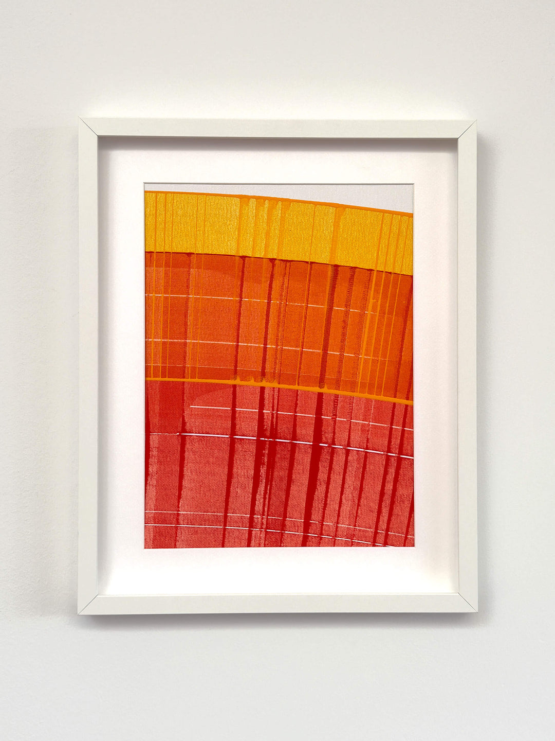 Connected Study 52 by Tavar Zawacki, right panel of an orange and red abstract acrylic diptych, shown in a white frame.