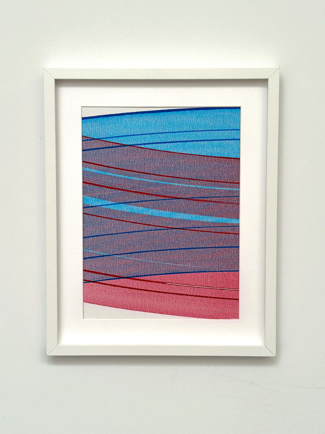 Connected Study 53 by Tavar Zawacki, left panel of a blue, red, and burgundy abstract acrylic diptych, shown in a white frame.