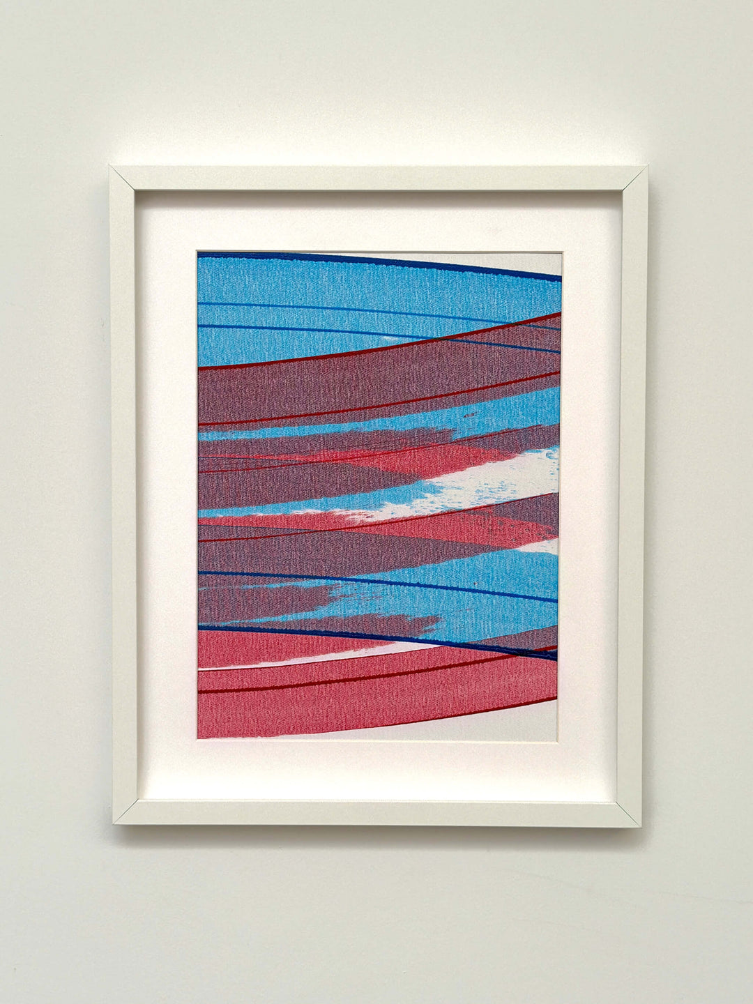 Connected Study 54 by Tavar Zawacki, right panel of a blue, red, and burgundy abstract acrylic diptych with a dramatic fade-out, shown in a white frame.