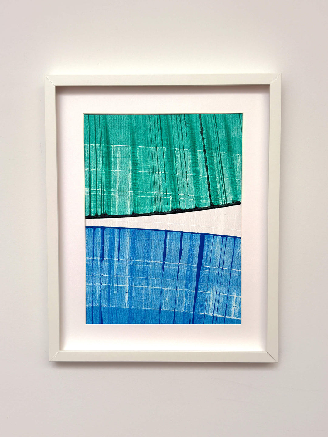 Connected Study 56 by Tavar Zawacki, right panel of a teal, blue, white, and deep green abstract acrylic diptych, shown in a white frame.