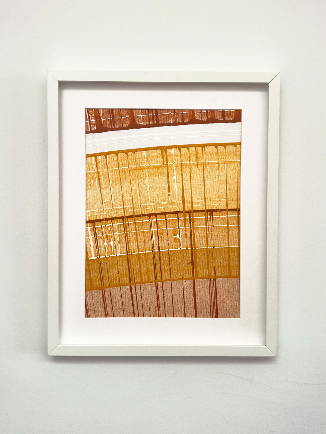 Connected Study 61 by Tavar Zawacki, left panel of a caramel brown, chocolate brown, ochre, and white abstract acrylic diptych, shown in a white frame.