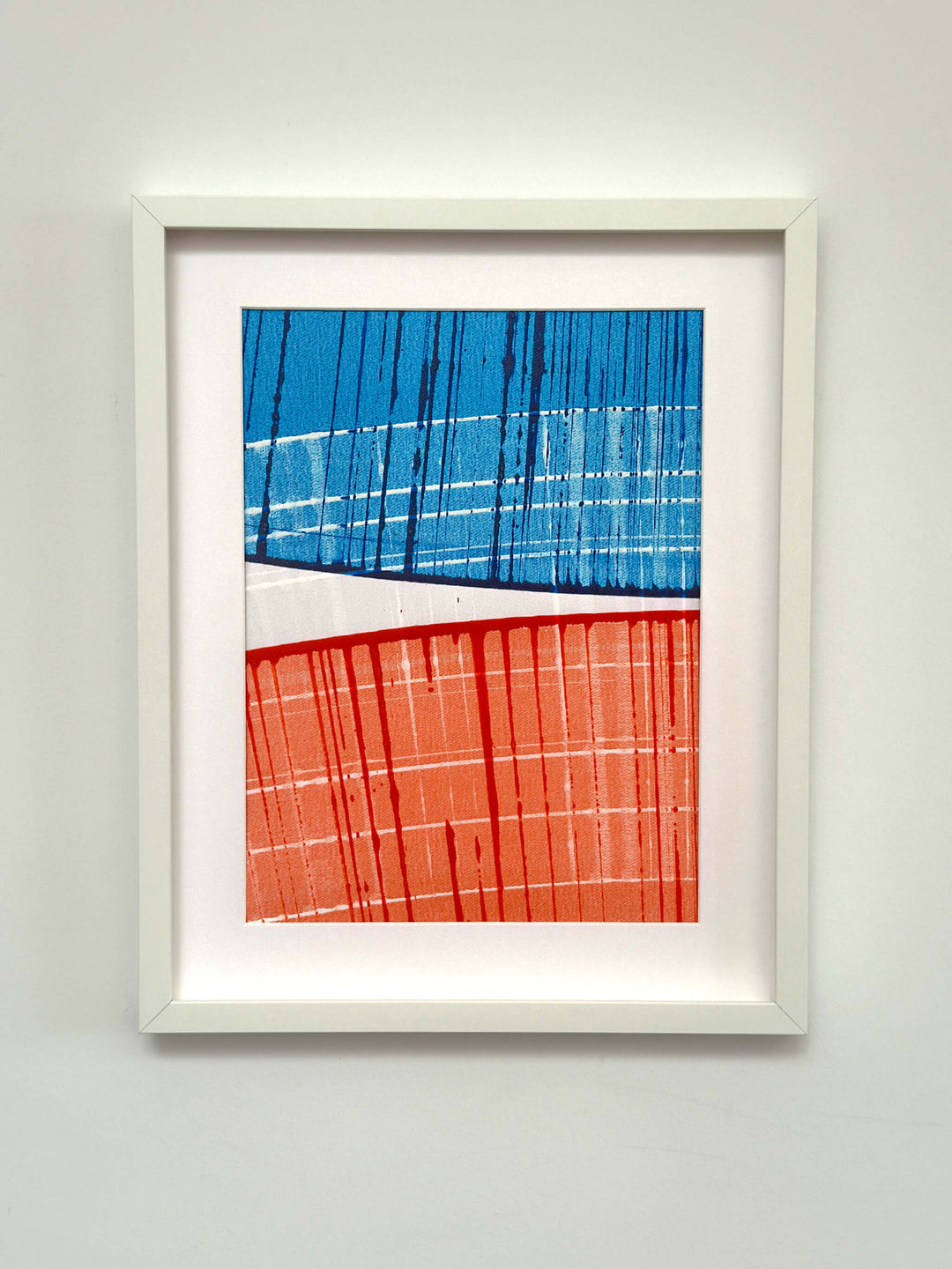 Connected Study 64 by Tavar Zawacki, right panel of a rich blue, dark blue, orange, and white abstract acrylic diptych, shown in a white frame.
