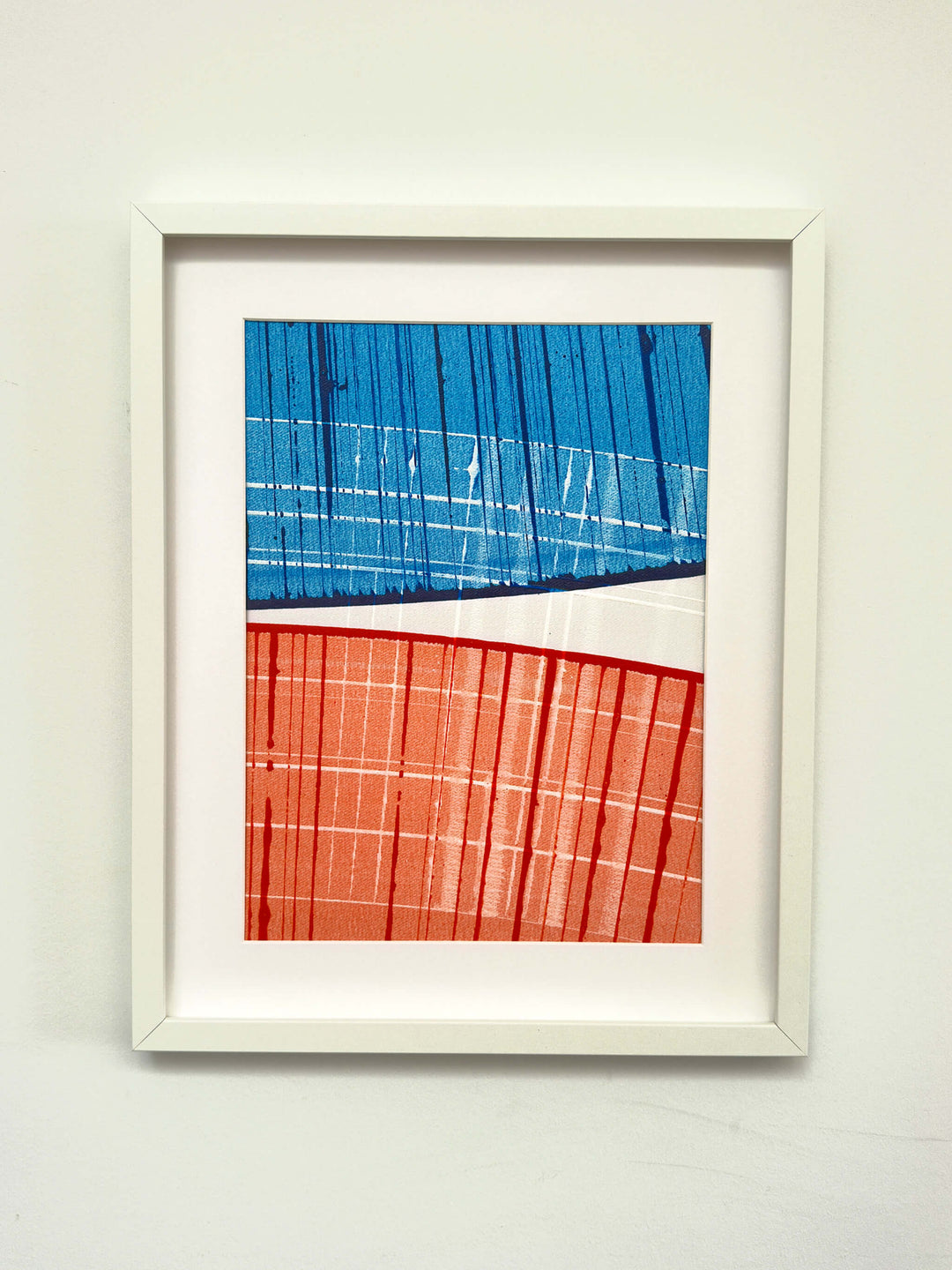 Connected Study 64 by Tavar Zawacki, right panel of a rich blue, dark blue, orange, and white abstract acrylic diptych, shown in a white frame.