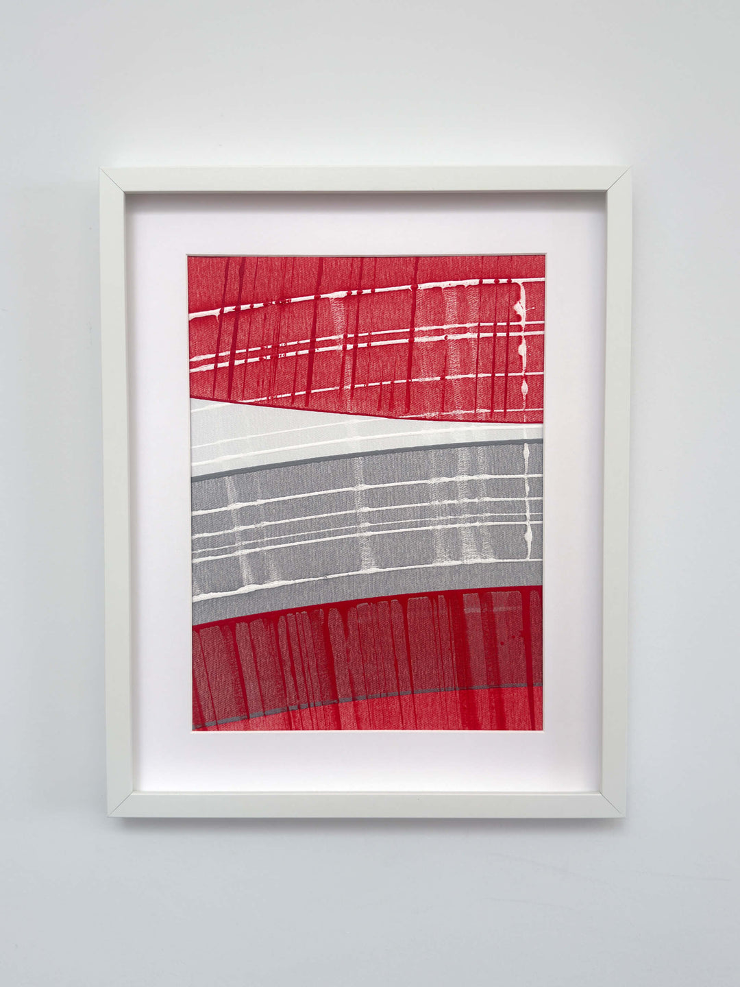 Connected Study 65 by Tavar Zawacki, left panel of a red, grey, and white abstract acrylic diptych, shown in a white frame.