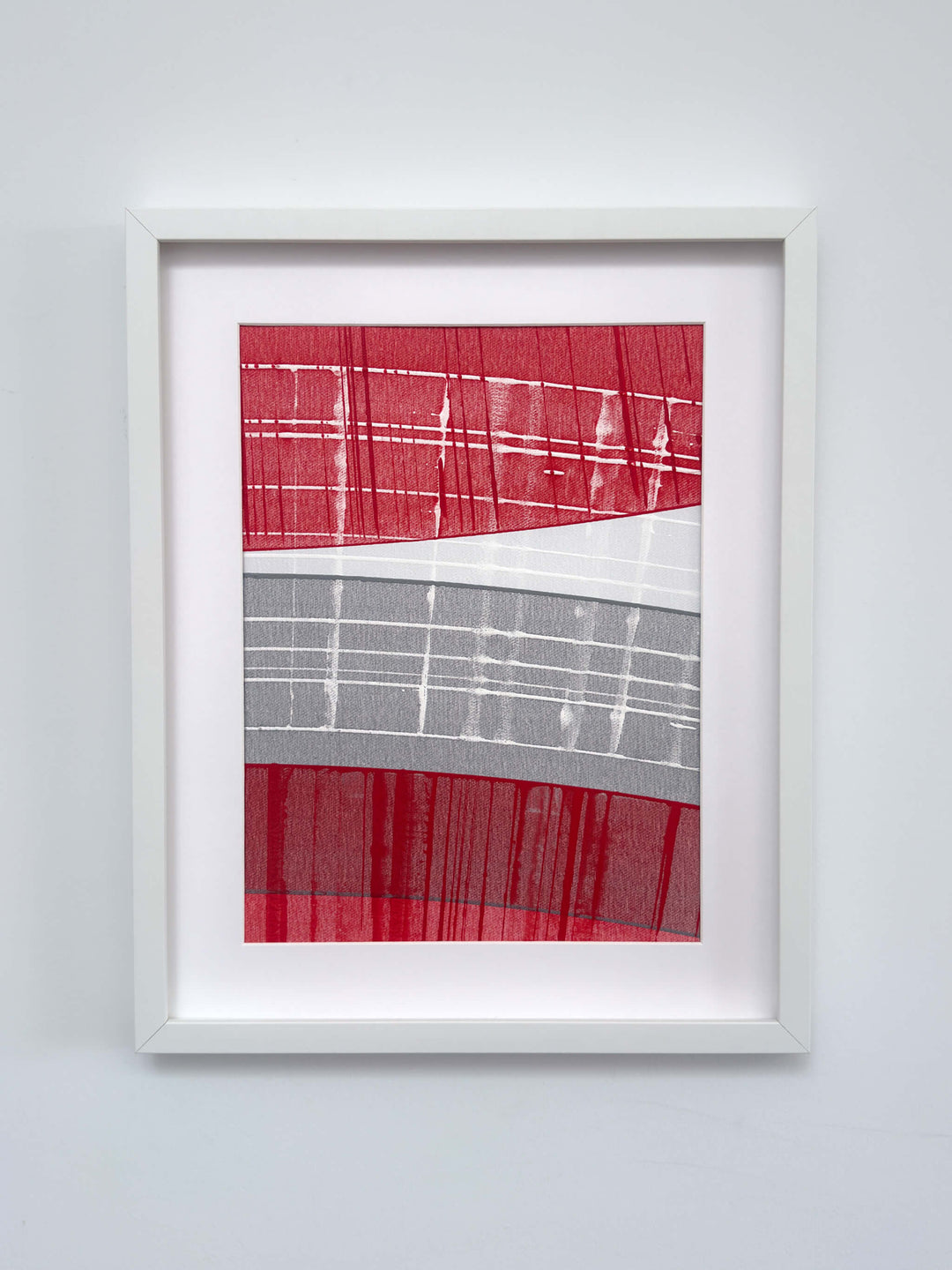 Connected Study 66 by Tavar Zawacki, right panel of a red, grey, and white abstract acrylic diptych, shown in a white frame.